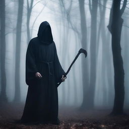 The Grim Reaper standing in a dark, misty forest