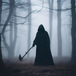 The Grim Reaper standing in a dark, misty forest