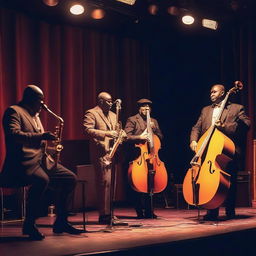 A group of six musicians performing together on stage, each playing different instruments