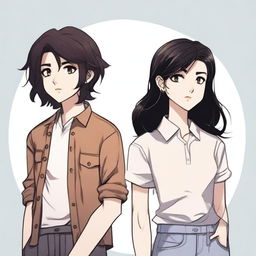 A detailed illustration featuring two characters, one with short dark hair and the other with long dark hair