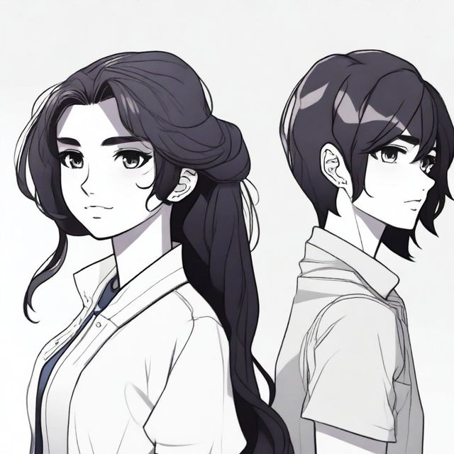 A detailed illustration featuring two characters, one with short dark hair and the other with long dark hair