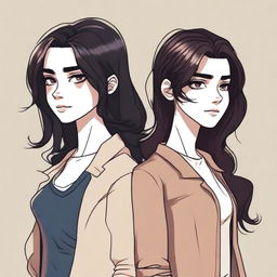 A detailed illustration featuring two characters, one with short dark hair and the other with long dark hair