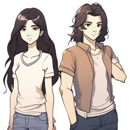 A detailed illustration featuring two characters, one with short dark hair and the other with long dark hair