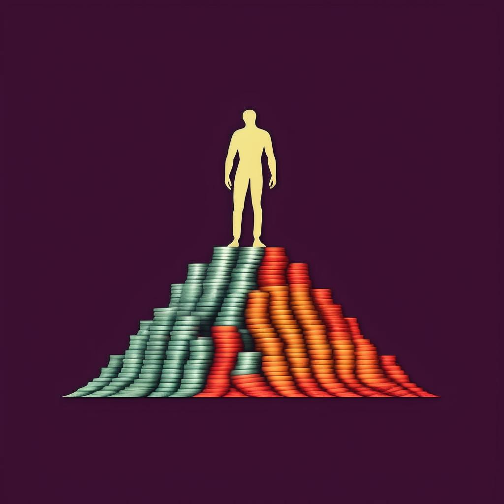 A logo featuring an anonymous man standing atop a pile of money, rendered in harmonious colors