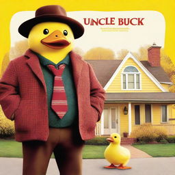 A movie poster for the film 'Uncle Buck' but with the main character replaced by a yellow duck