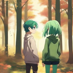 A girl with green hair stands with her back turned in the middle of an autumn forest, bathed in sunlight