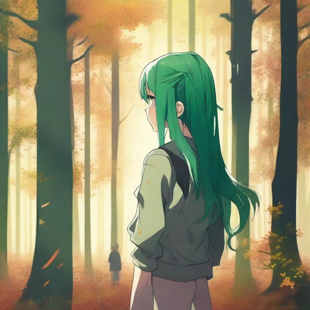 A girl with green hair stands with her back turned in the middle of an autumn forest, bathed in sunlight