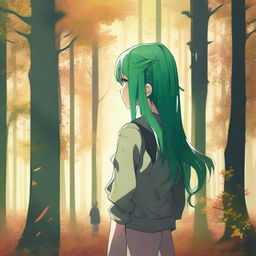 A girl with green hair stands with her back turned in the middle of an autumn forest, bathed in sunlight