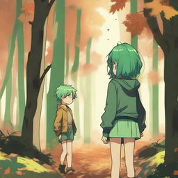 A girl with green hair stands with her back turned in the middle of an autumn forest, bathed in sunlight