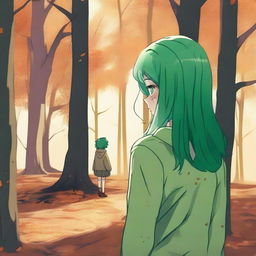 A girl with green hair stands with her back turned in the middle of an autumn forest, bathed in sunlight