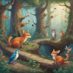 Illustrations for the inner pages of a storybook, featuring mystical creatures engaging in various story-driven adventures. Include vibrant forests, whimsical paths and enchanted items.