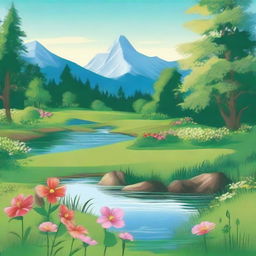 Create a beautiful scene featuring a serene landscape with vibrant flowers, a clear blue sky, and a gentle stream flowing through a lush green meadow