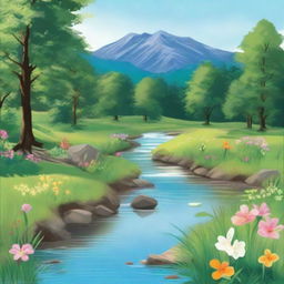 Create a beautiful scene featuring a serene landscape with vibrant flowers, a clear blue sky, and a gentle stream flowing through a lush green meadow