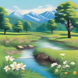 Create a beautiful scene featuring a serene landscape with vibrant flowers, a clear blue sky, and a gentle stream flowing through a lush green meadow