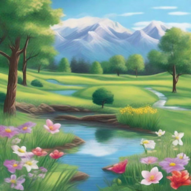 Create a beautiful scene featuring a serene landscape with vibrant flowers, a clear blue sky, and a gentle stream flowing through a lush green meadow