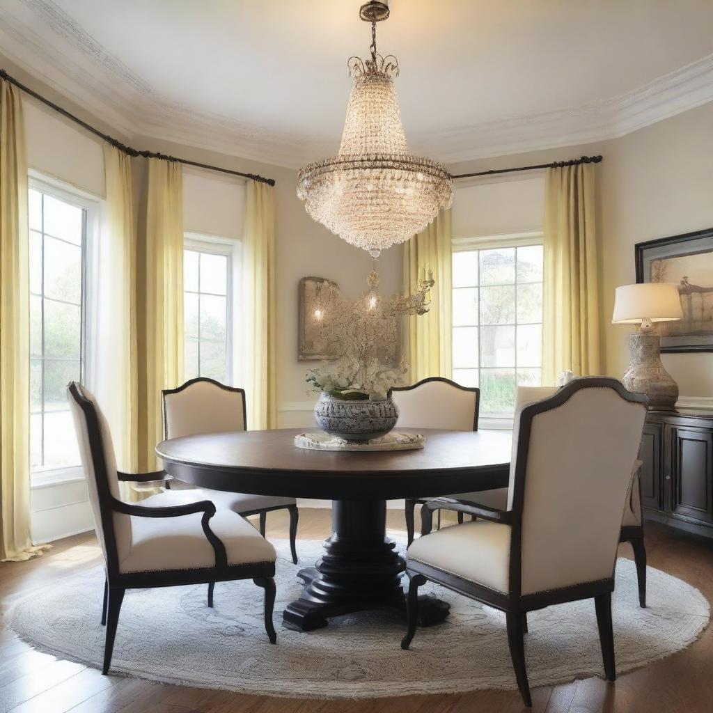 Design a beautifully decorated dining room with elegant furniture, a stylish dining table set with fine china, and a chandelier hanging from the ceiling