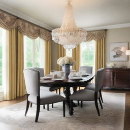 Design a beautifully decorated dining room with elegant furniture, a stylish dining table set with fine china, and a chandelier hanging from the ceiling