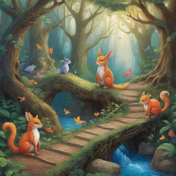 Illustrations for the inner pages of a storybook, featuring mystical creatures engaging in various story-driven adventures. Include vibrant forests, whimsical paths and enchanted items.