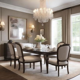 Design a beautifully decorated dining room with elegant furniture, a stylish dining table set with fine china, and a chandelier hanging from the ceiling