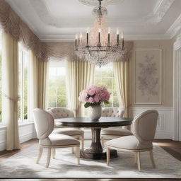 Design a beautifully decorated dining room with elegant furniture, a stylish dining table set with fine china, and a chandelier hanging from the ceiling