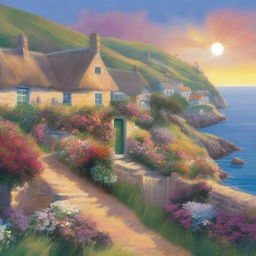 The cover features a stunning panoramic view of a tranquil coastal town, with the sun setting over the horizon, casting a warm glow over the scene