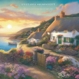 The cover features a stunning panoramic view of a tranquil coastal town, with the sun setting over the horizon, casting a warm glow over the scene