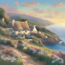 The cover features a stunning panoramic view of a tranquil coastal town, with the sun setting over the horizon, casting a warm glow over the scene