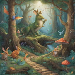 Illustrations for the inner pages of a storybook, featuring mystical creatures engaging in various story-driven adventures. Include vibrant forests, whimsical paths and enchanted items.