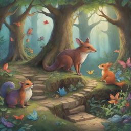 Illustrations for the inner pages of a storybook, featuring mystical creatures engaging in various story-driven adventures. Include vibrant forests, whimsical paths and enchanted items.