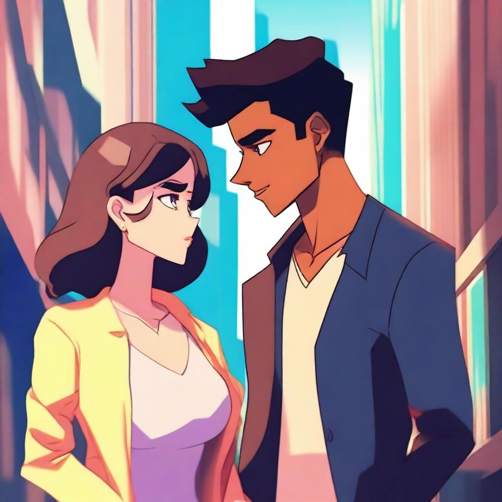 An animated scene depicting a love triangle involving one female character and two male characters