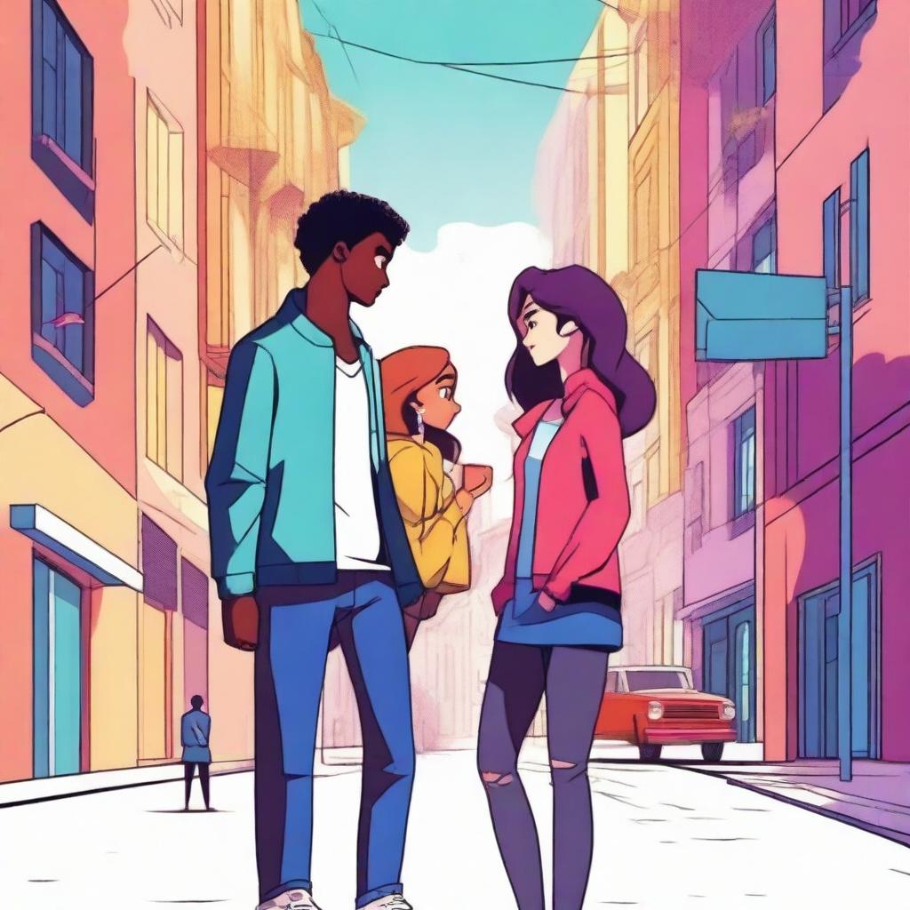 An animated scene depicting a love triangle involving one female character and two male characters