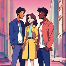 An animated scene depicting a love triangle involving one female character and two male characters