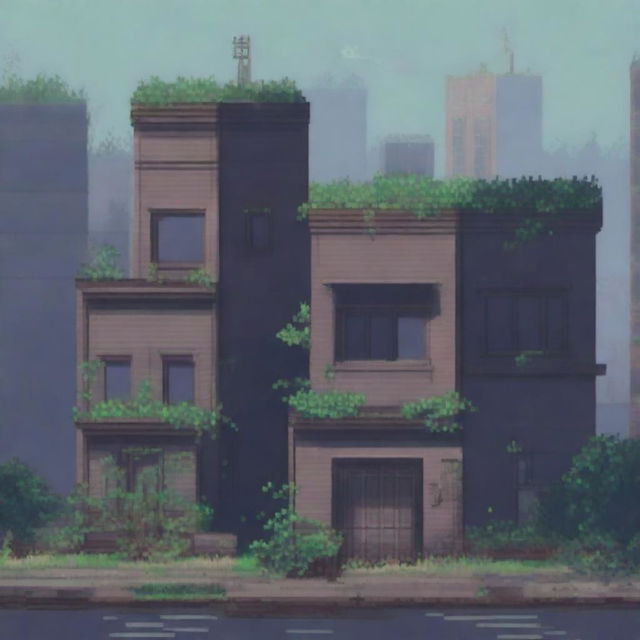 A detailed pixel art depiction of an abandoned city