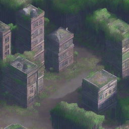 A detailed pixel art depiction of an abandoned city