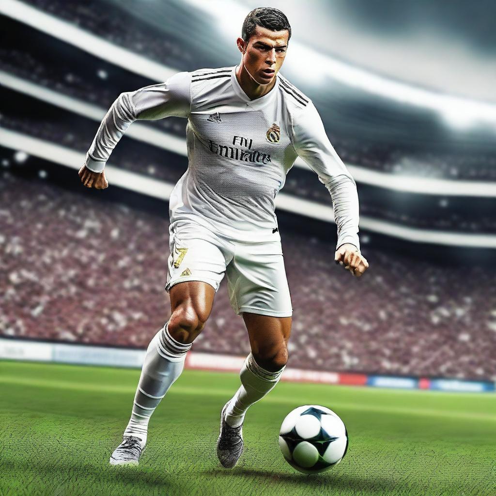 A highly detailed and realistic image of Cristiano Ronaldo, also known as CR7, in action on the football field