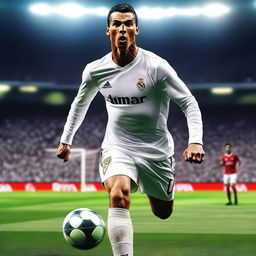 A highly detailed and realistic image of Cristiano Ronaldo, also known as CR7, in action on the football field