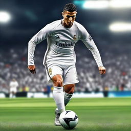 A highly detailed and realistic image of Cristiano Ronaldo, also known as CR7, in action on the football field