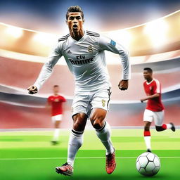 A detailed digital illustration of Cristiano Ronaldo (CR7) in action on the soccer field