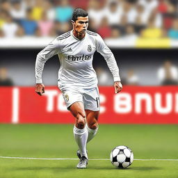 A detailed digital illustration of Cristiano Ronaldo (CR7) in action on the soccer field