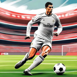 A detailed digital illustration of Cristiano Ronaldo (CR7) in action on the soccer field