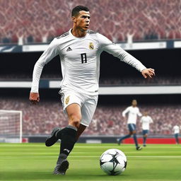 A detailed digital illustration of Cristiano Ronaldo (CR7) in action on the soccer field