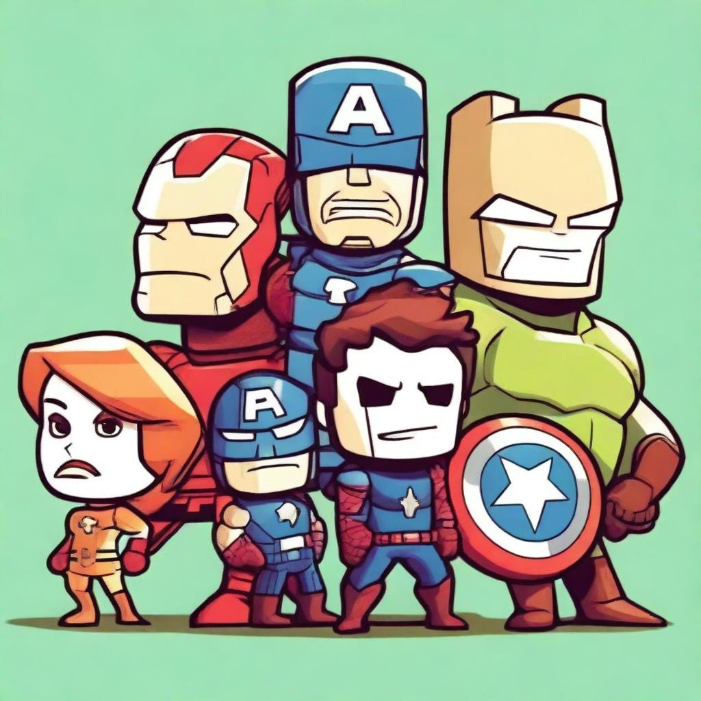 A playful and humorous depiction of the Avengers team, reimagined as quirky and fun characters