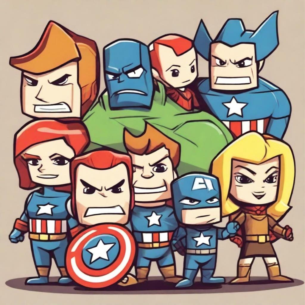 A playful and humorous depiction of the Avengers team, reimagined as quirky and fun characters