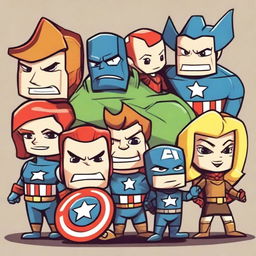 A playful and humorous depiction of the Avengers team, reimagined as quirky and fun characters