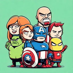 A playful and humorous depiction of the Avengers team, reimagined as quirky and fun characters