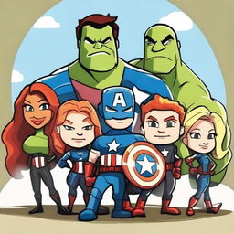 A playful and humorous depiction of the Avengers team, reimagined as quirky and fun characters