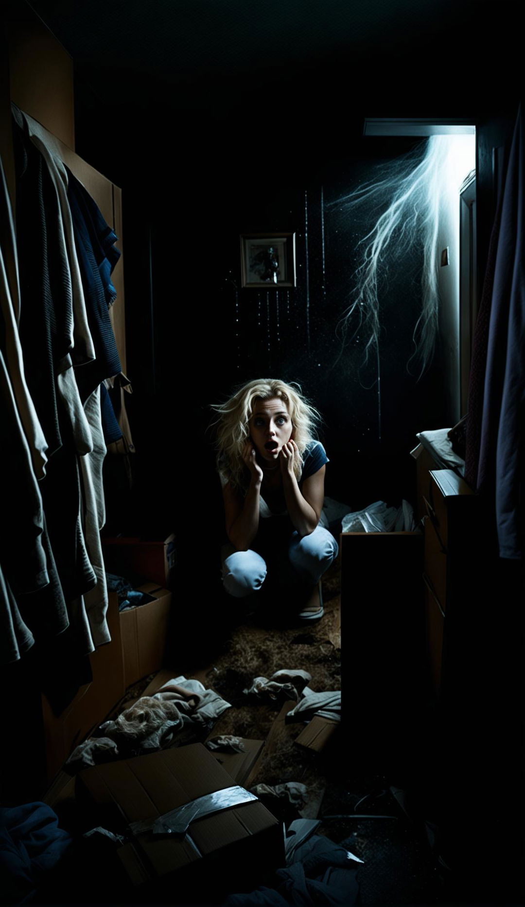 A single blonde woman in a state of panic, packing and cleaning her sold home under severe time constraints. The scene is dramatically lit, creating a horror-like atmosphere of despair.