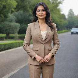 A mature Indian woman of around 30 years old elegantly dressed in a fashion-forward and sophisticated suit.