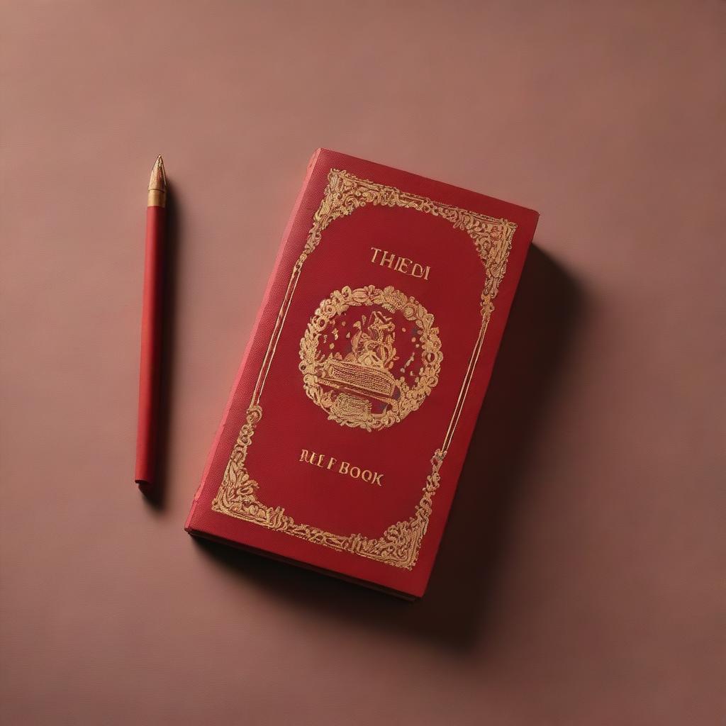 A cover photo featuring an eerie background with a red book with golden engraving on a brown table