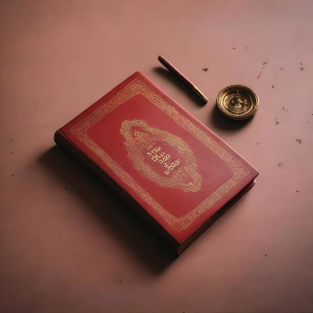 A cover photo featuring an eerie background with a red book with golden engraving on a brown table